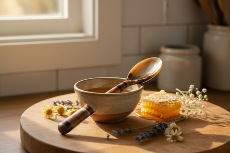 Haitian brown striped horn spoon resting across honey bowl with honeycomb on wooden cutting board