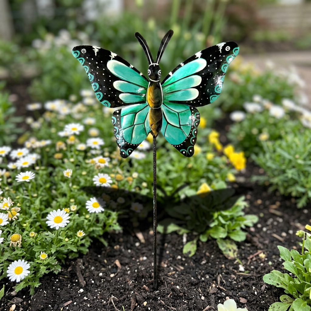 Black and turquoise steel butterfly garden stake in a flower bed
