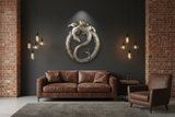 Haitian steel drum dragon round metal wall art mounted on a charcoal accent wall in a modern industrial living room