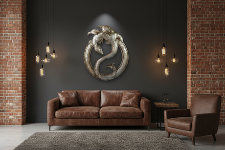 Haitian steel drum dragon round metal wall art mounted on a charcoal accent wall in a modern industrial living room