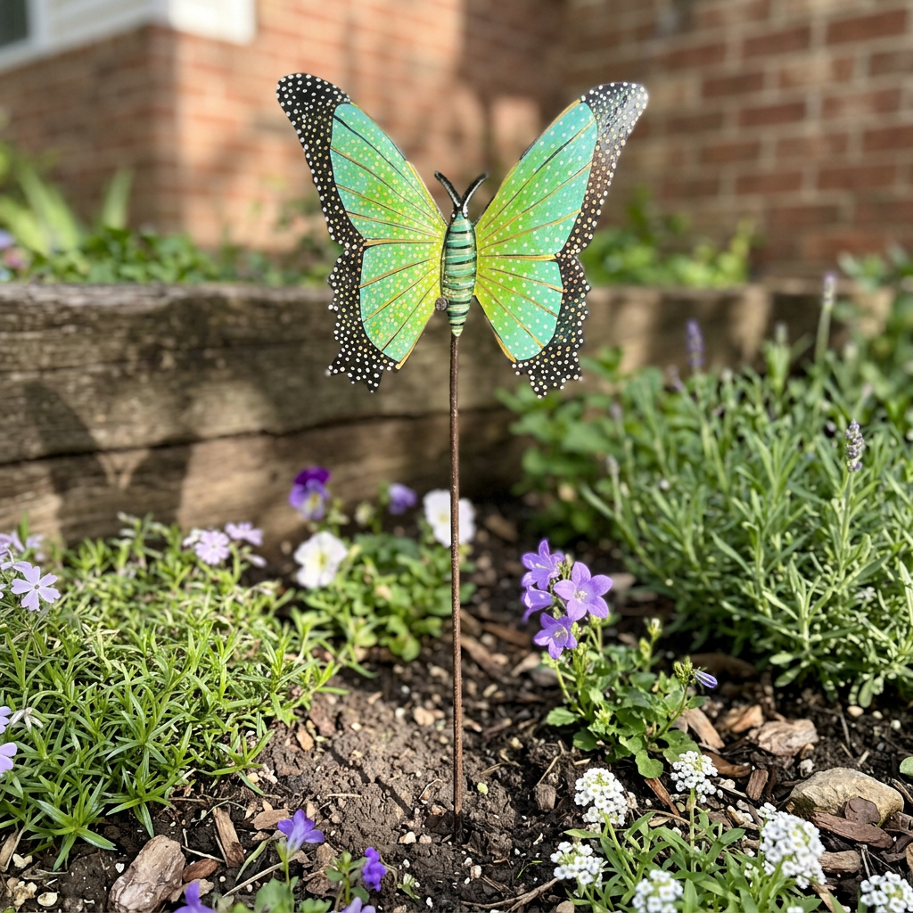 Light green and yellow steel butterfly garden stake in a flower bed