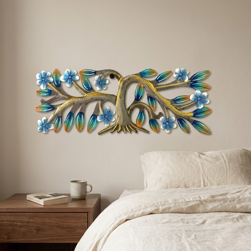 Horizontal blue-flower metal tree beside a walnut bedroom nightstand