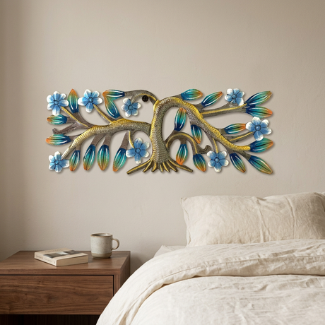 Horizontal blue-flower metal tree beside a walnut bedroom nightstand