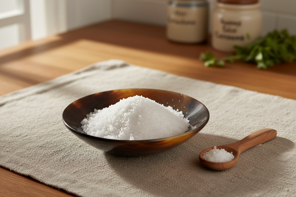 Haitian mahogany horn bowl holding sea salt with wooden spoon on rustic linen tablecloth