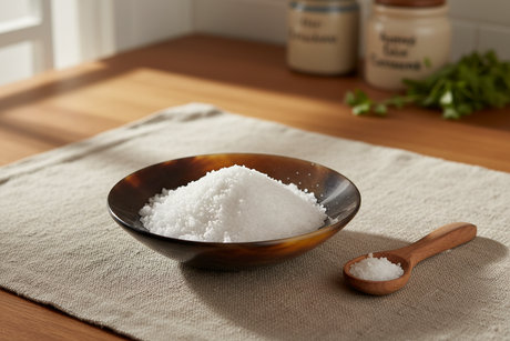 Haitian mahogany horn bowl holding sea salt with wooden spoon on rustic linen tablecloth