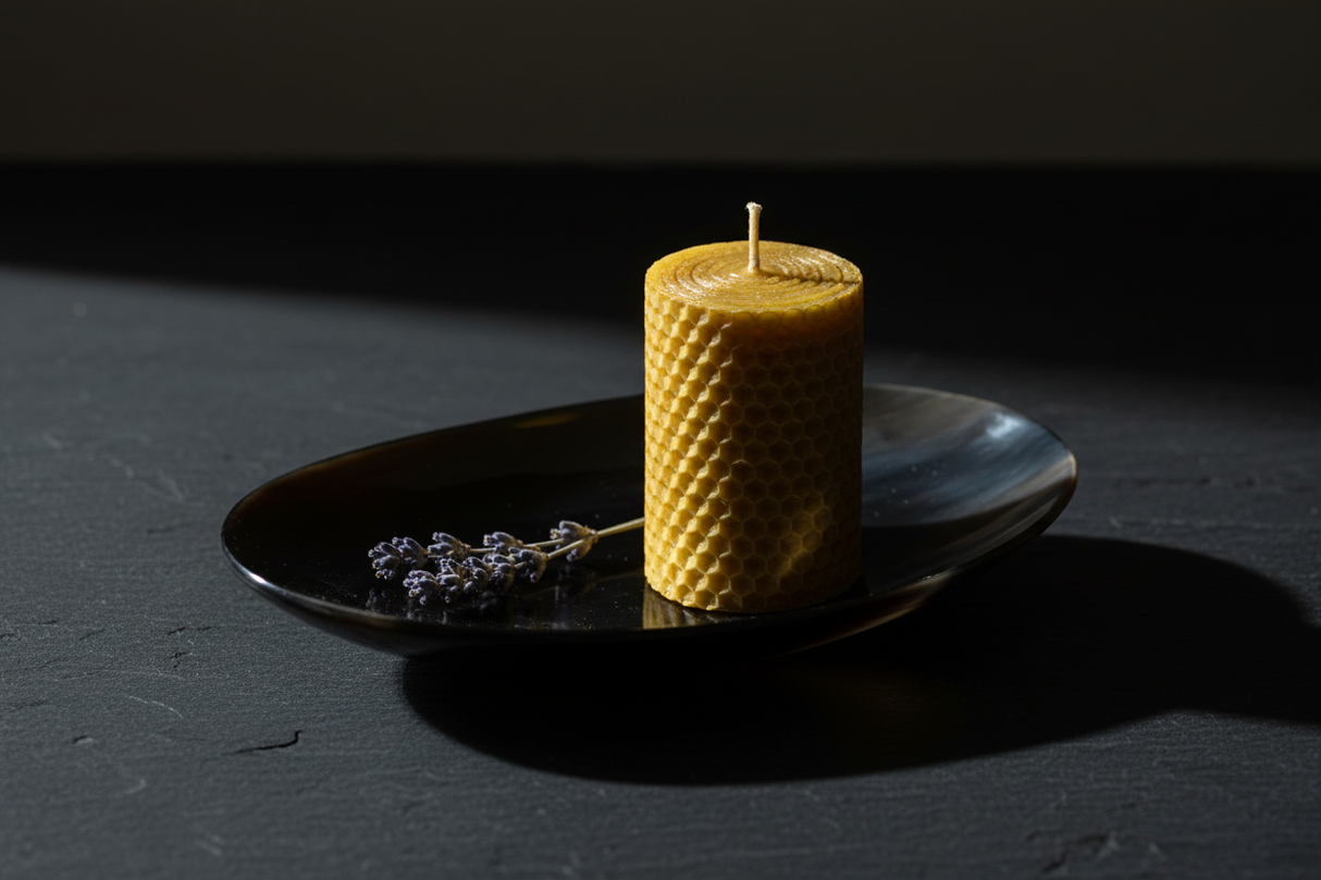 Haitian oval black horn dish with beeswax candle and dried lavender on dark slate surface