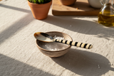 Haitian striped horn spoon resting across sea salt bowl on rustic linen tablecloth