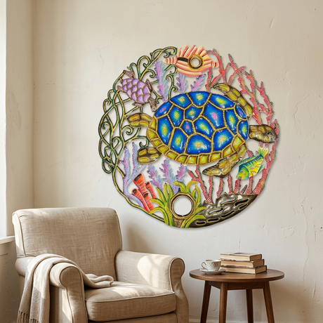 Handmade Haitian ocean turtle wall art beside a reading chair.