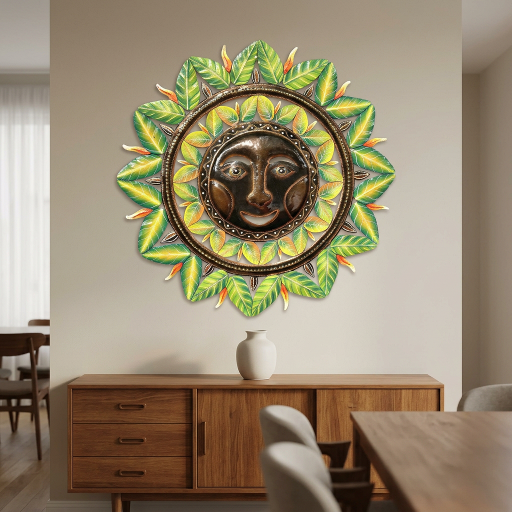 Handcrafted green steel sun wall art above a dining-room sideboard