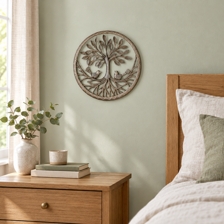 Haitian Tree of Life metal wall art with two birds beside a bedroom nightstand
