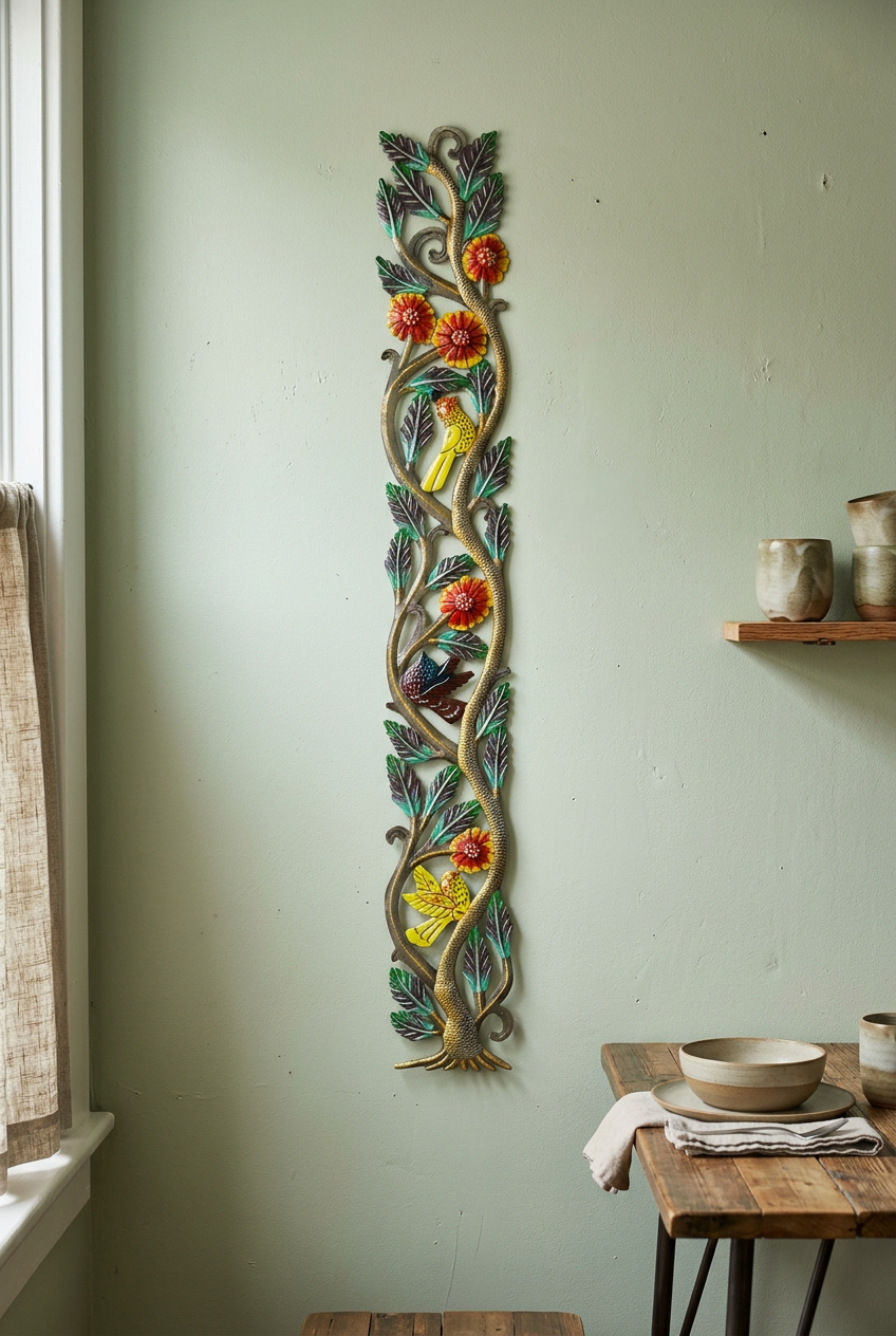 Hand-hammered tree metal wall art with birds and flowers on a sage dining room wall.