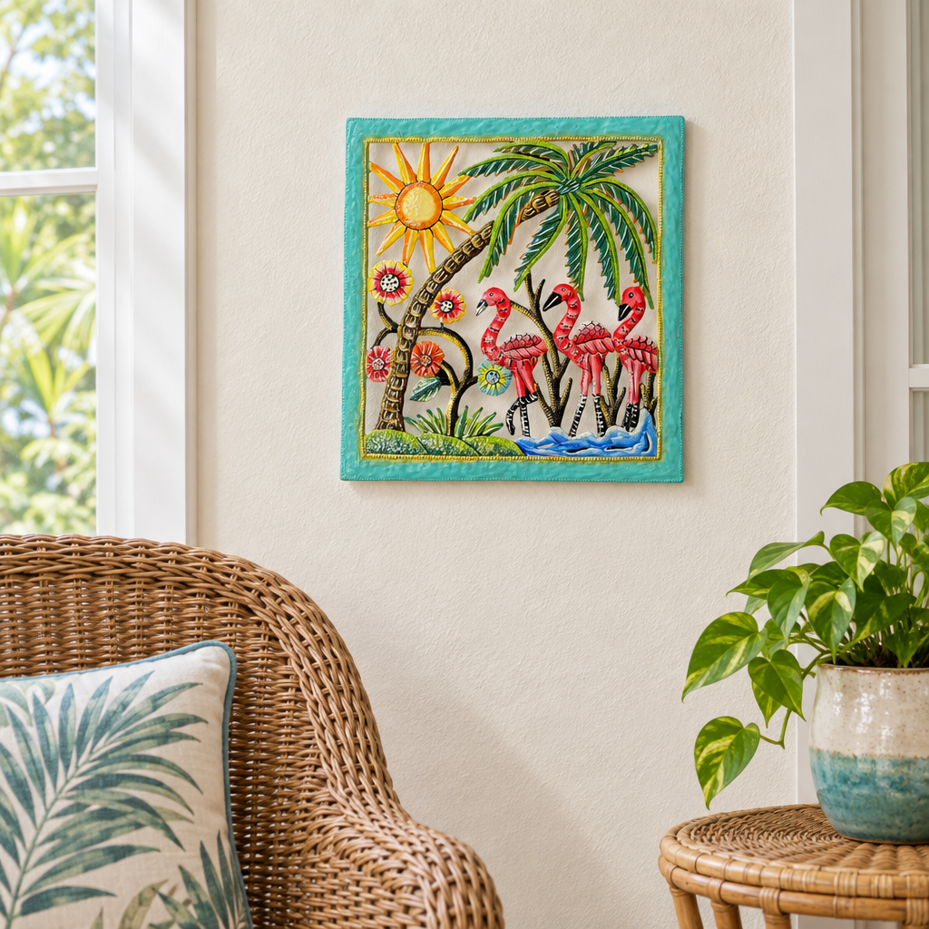 Handpainted Haitian flamingo and palm tree metal wall art in a sunroom