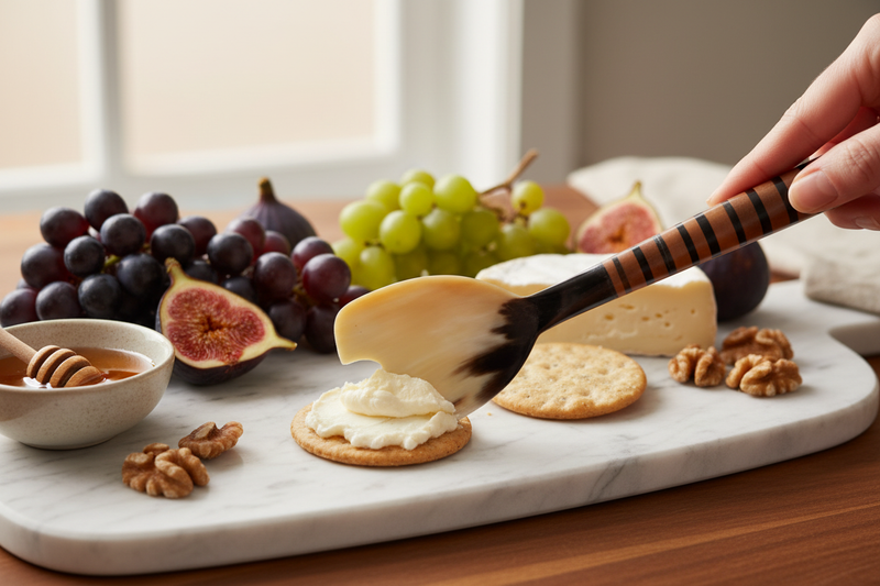 Haitian horn cheese knife spreading brie on cracker on luxury marble charcuterie board with grapes and honey
