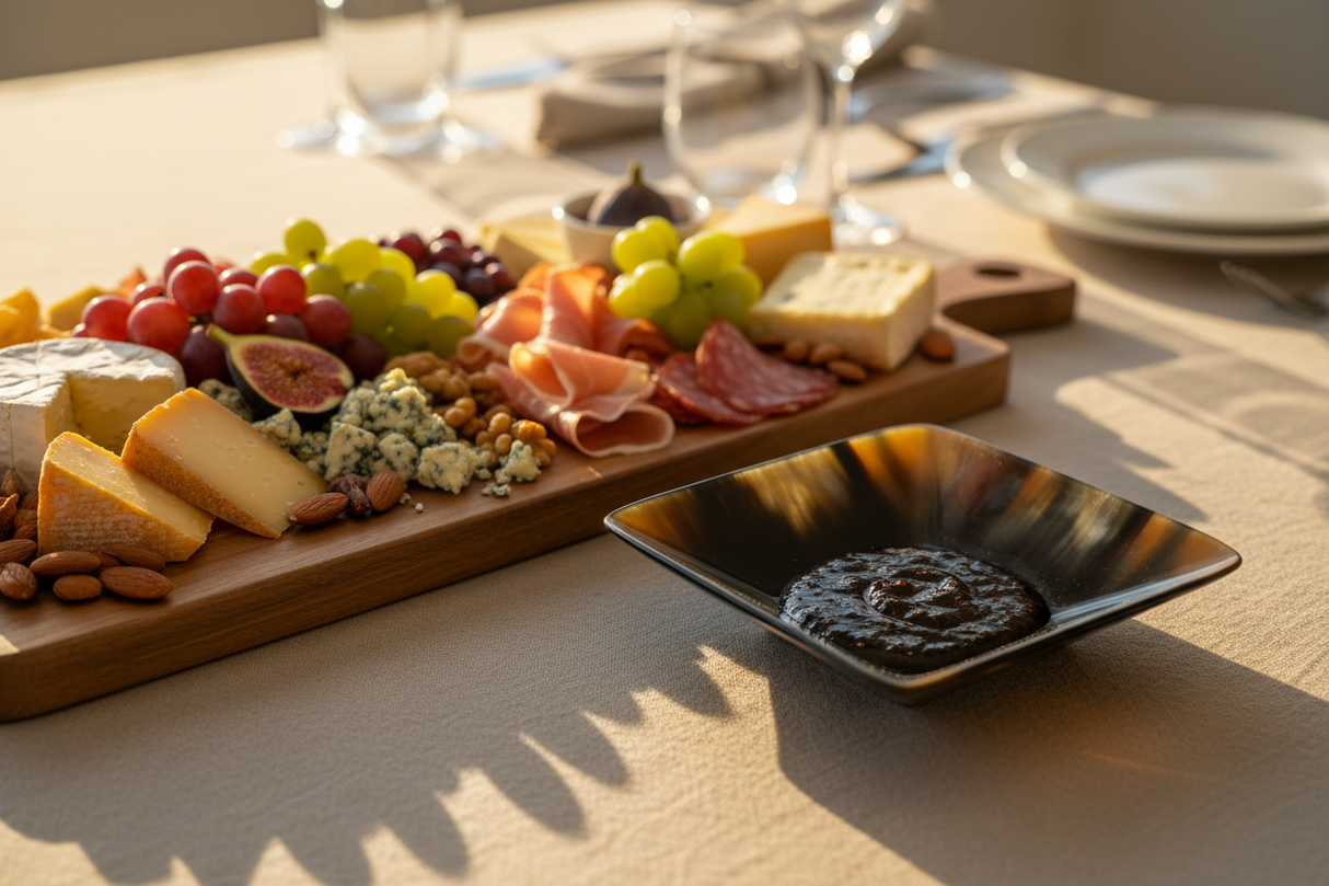 Haitian dark tortoiseshell horn bowl as condiment dish on luxury dining table beside charcuterie board