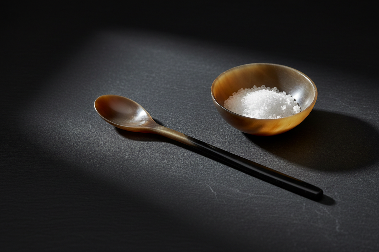 Haitian two-tone horn spoon beside horn salt bowl on dark slate surface with moody lighting