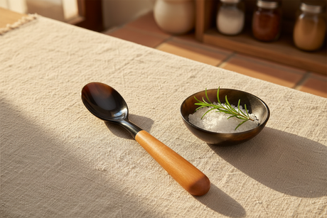 Haitian horn and wood spoon beside horn salt bowl and rosemary on rustic linen tablecloth in golden light