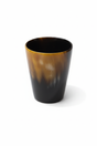 Handmade Haitian ox horn drinking cup tumbler with amber to black gradient on white background