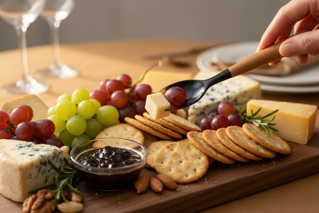Haitian horn and wood fork spearing cheese on luxury charcuterie board with grapes and crackers