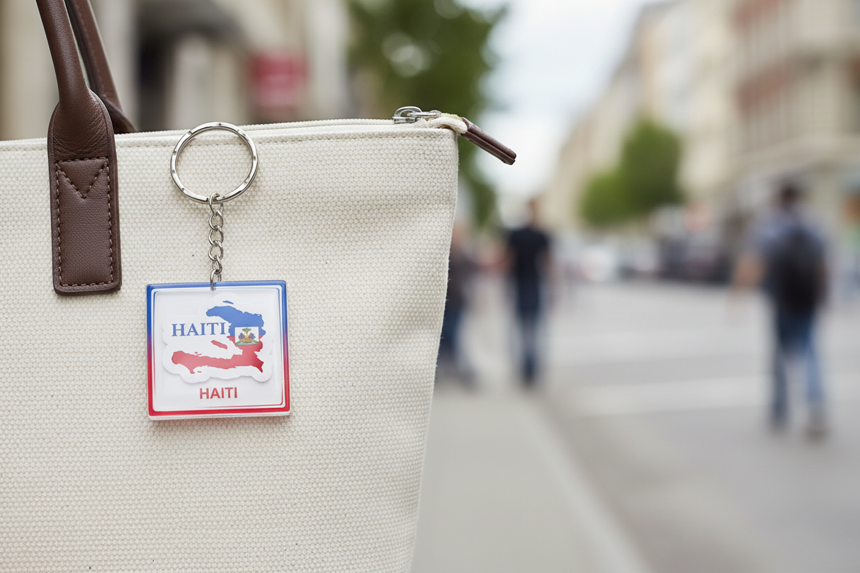 Haiti map keychain on tote bag zipper – lifestyle fashion shot