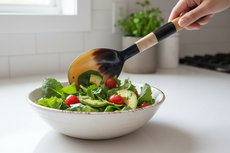 Haitian striped horn spoon tossing fresh salad with avocado and tomatoes in ceramic bowl on white counter