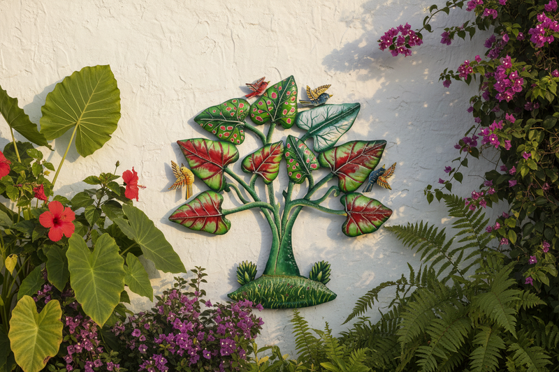 Haitian hand-painted metal tree with colorful birds wall art on a whitewashed outdoor garden wall surrounded by tropical plants at golden hour