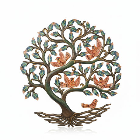 Handcrafted Haitian metal Tree of Life with hand-painted coral birds and green and blue leaves