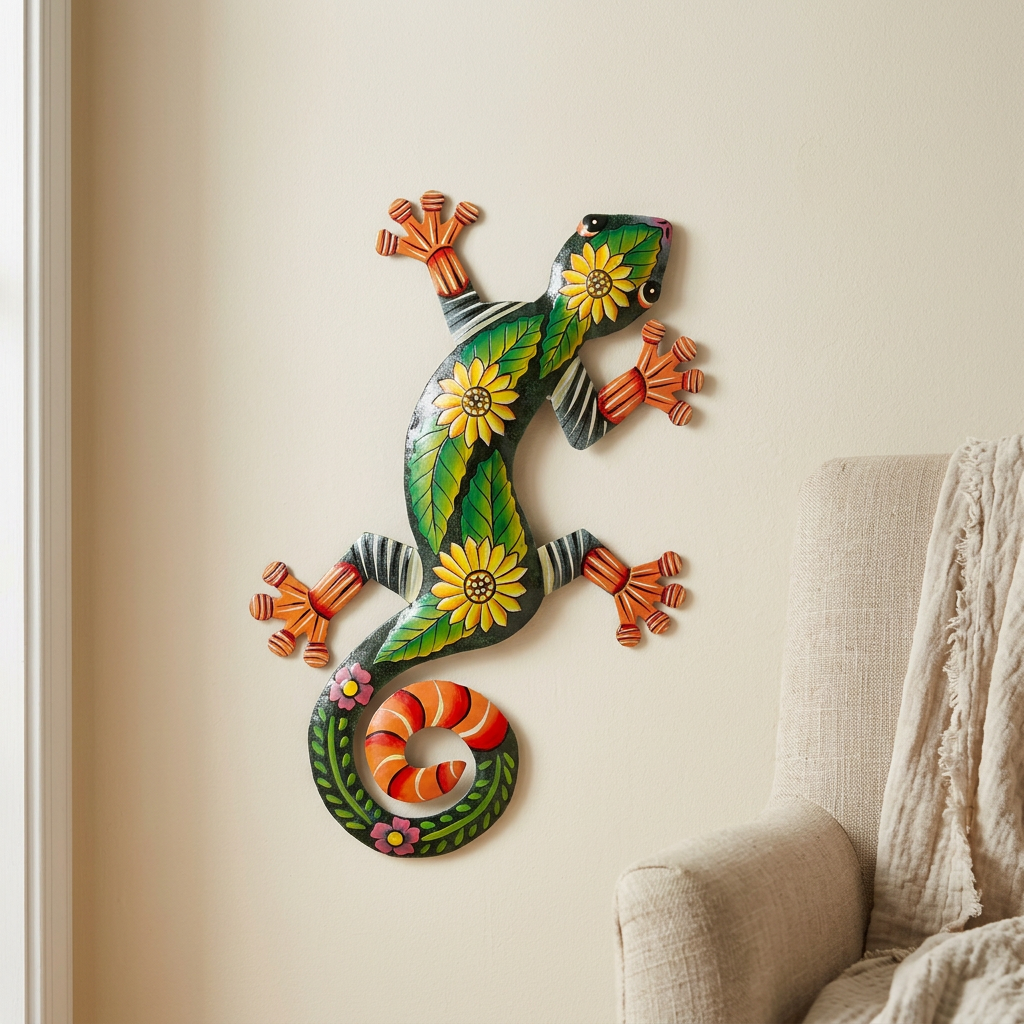 Haitian sunflower lizard wall sculpture beside a linen living room armchair