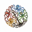 Handcrafted Haitian metal octopus family wall art with five colorful octopuses in blue, coral, green, yellow, and bronze