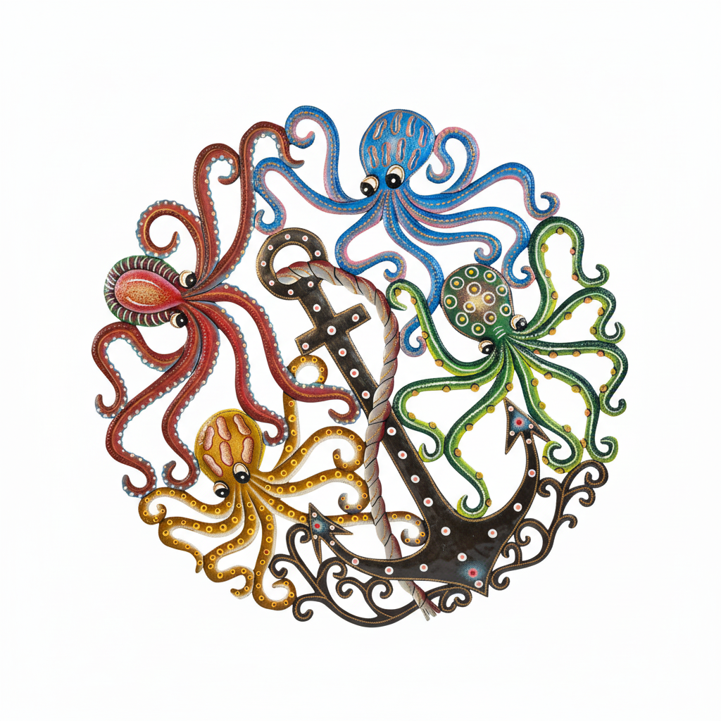 Handcrafted Haitian metal octopus family wall art with five colorful octopuses in blue, coral, green, yellow, and bronze
