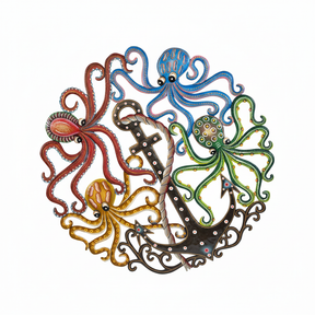 Handcrafted Haitian metal octopus family wall art with five colorful octopuses in blue, coral, green, yellow, and bronze