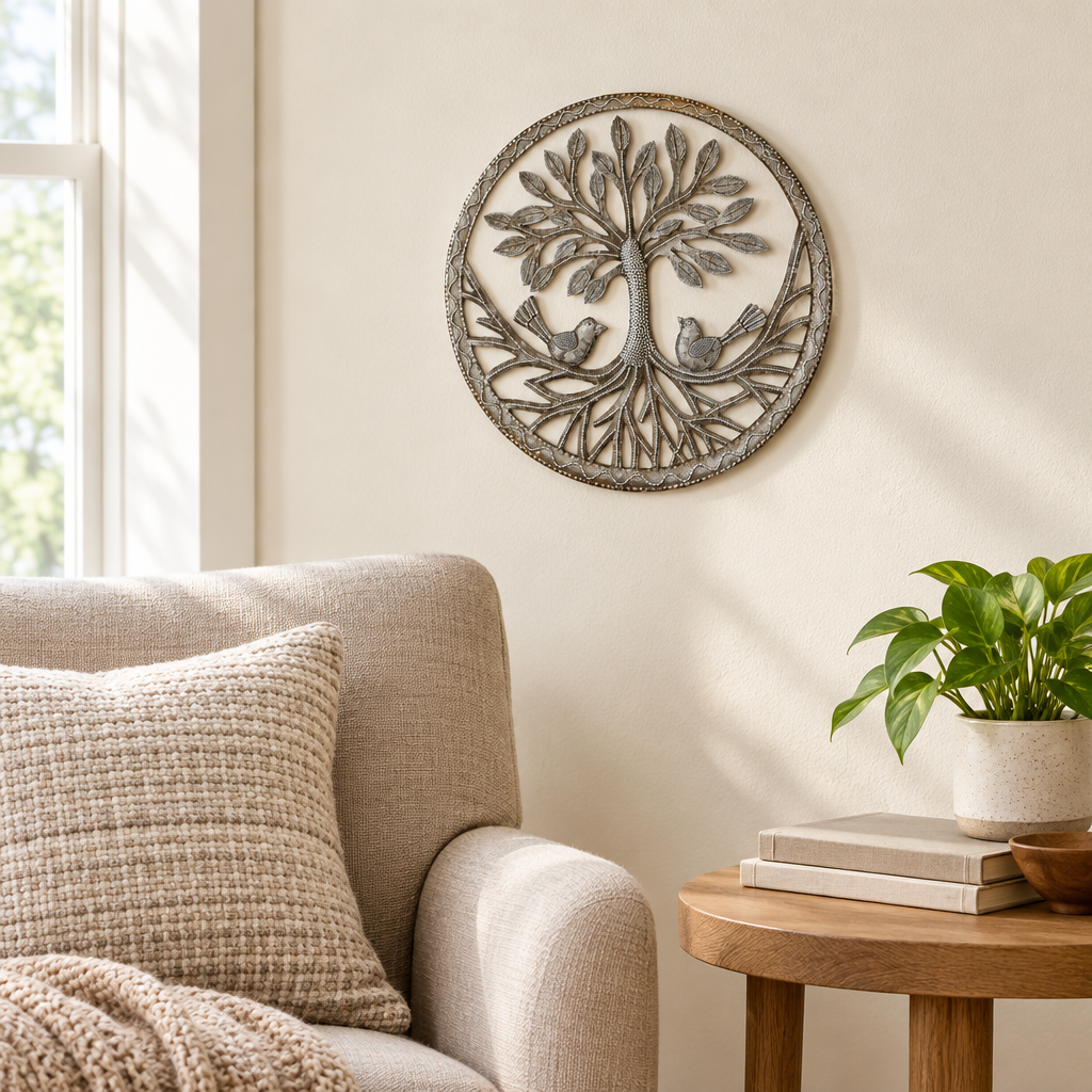 Haitian Tree of Life metal wall art with two birds beside a living room armchair