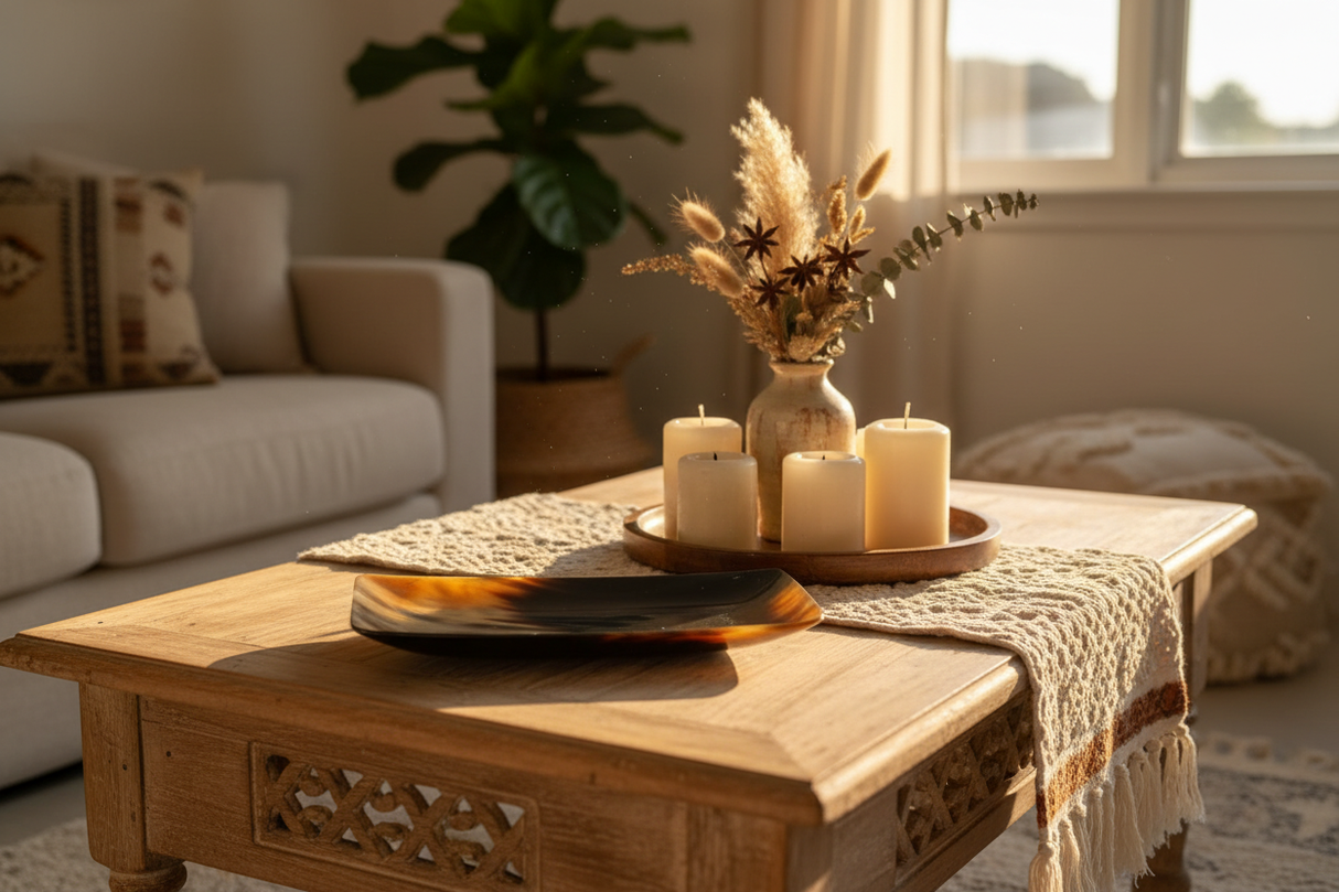 Haitian handmade ox horn bowl displayed on bohemian coffee table with candles and dried flowers
