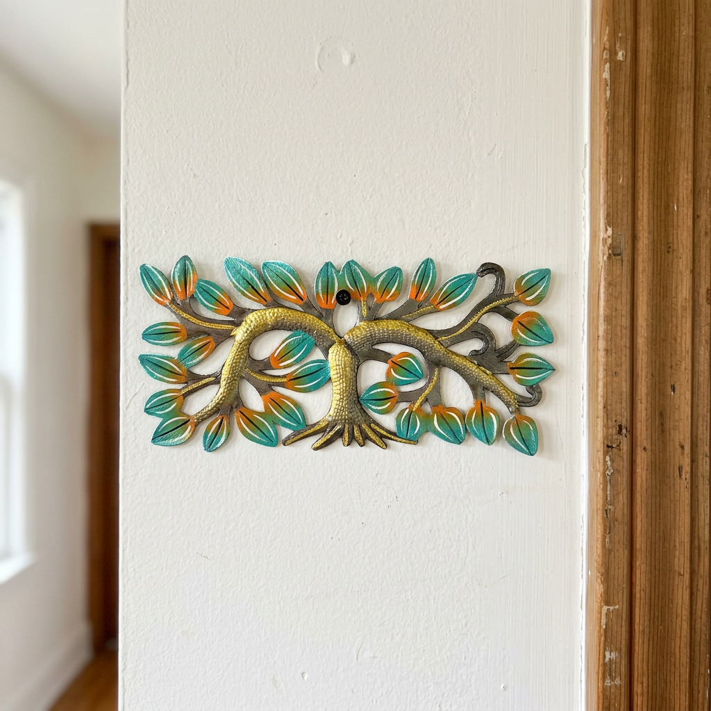 Horizontal Haitian metal tree wall art beside a wood-trimmed doorway