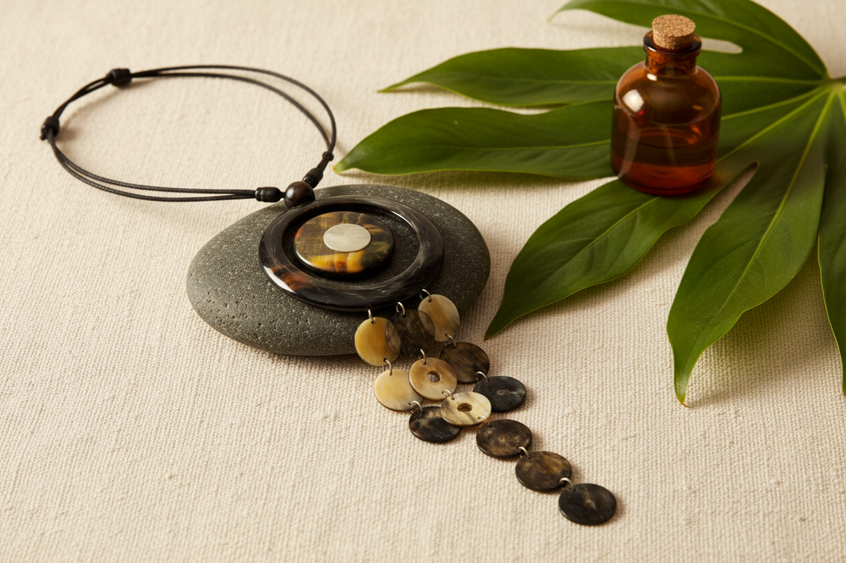 Haitian horn cascade disc necklace draped over dark stone beside tropical leaves and amber bottle on linen