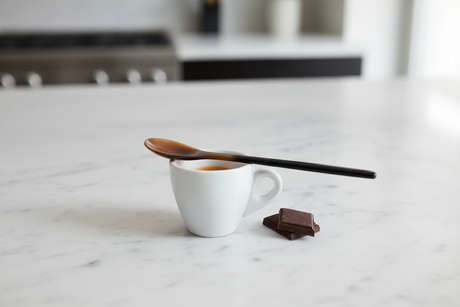 Haitian two-tone horn spoon across white espresso cup with dark chocolate on marble surface