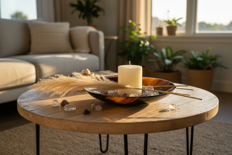 Haitian horn plate as decorative centerpiece with pillar candle and pampas grass on bohemian coffee table