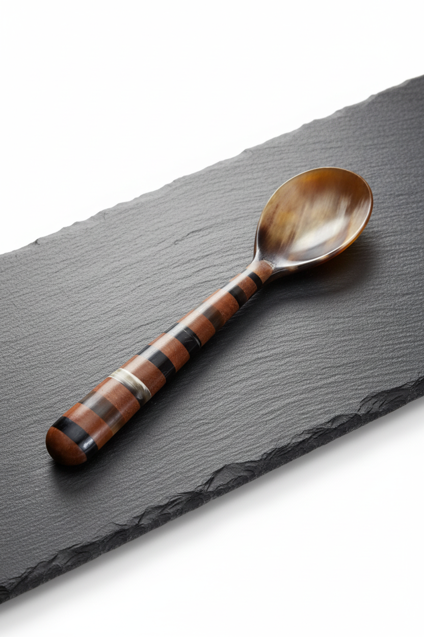 Handmade Haitian brown and black striped ox horn serving spoon on white background
