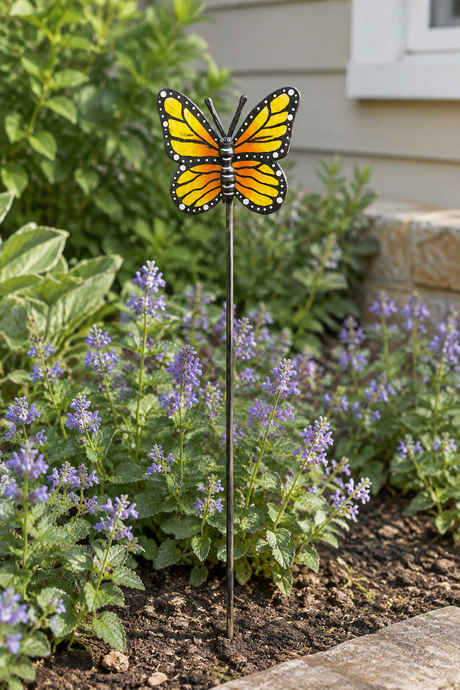 Espwa yellow butterfly garden stake in a flower bed