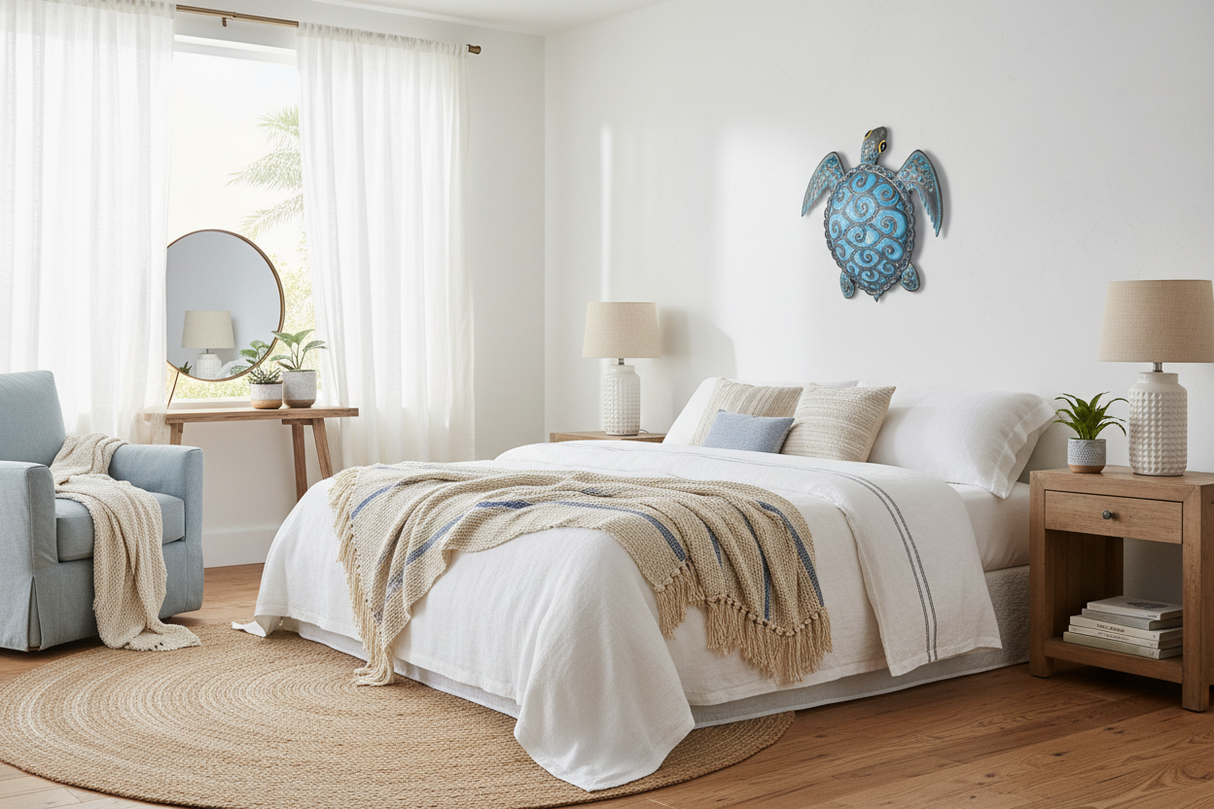 Handcrafted blue turtle wall art in elegant home interior setting with natural decor