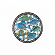 Handcrafted Haitian metal circular wall art featuring colorful tropical fish in blues, greens, and turquoise