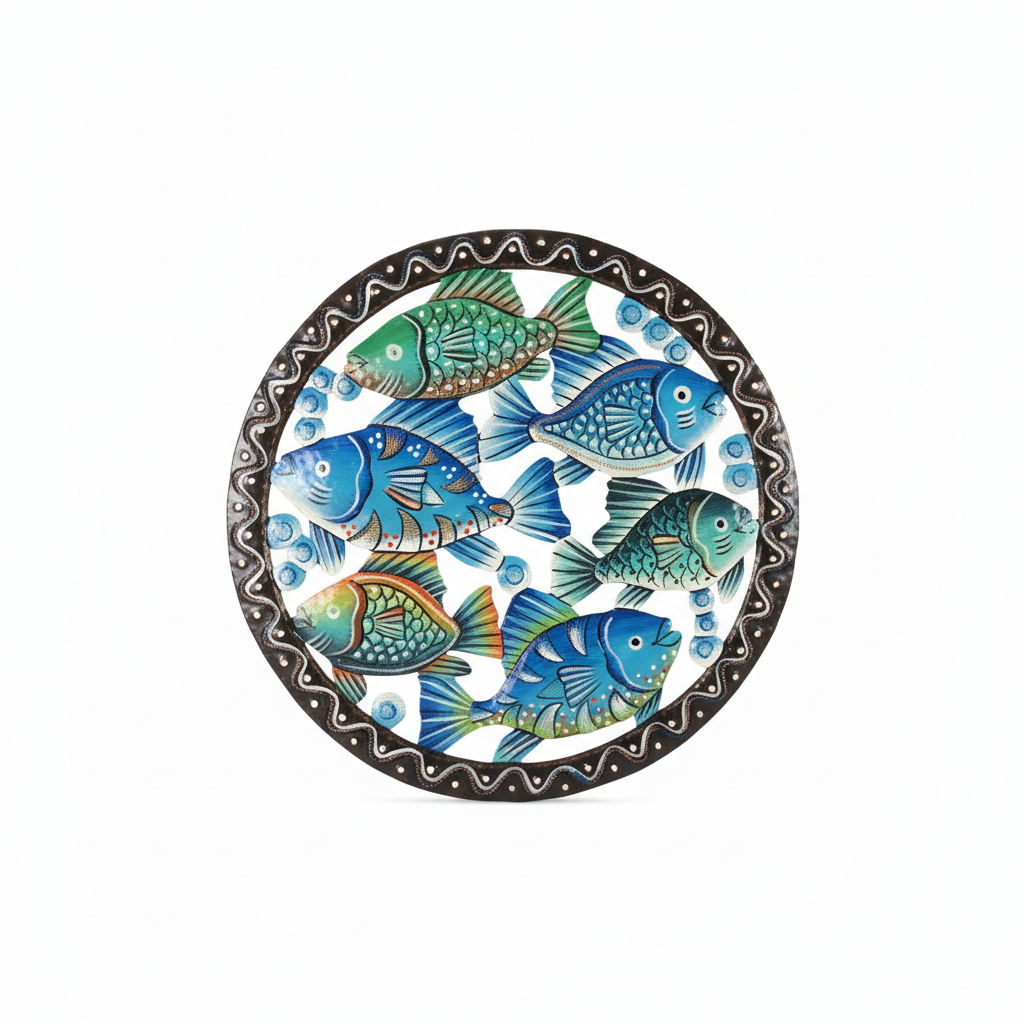 Handcrafted Haitian metal circular wall art featuring colorful tropical fish in blues, greens, and turquoise