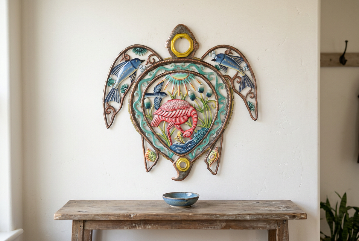Oil Drum Top Turtle recycled metal wall art above an entryway console