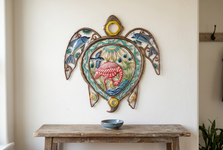 Oil Drum Top Turtle recycled metal wall art above an entryway console