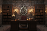Haitian dragon metal wall art on a rustic stone wall in a medieval-inspired study with candlelight