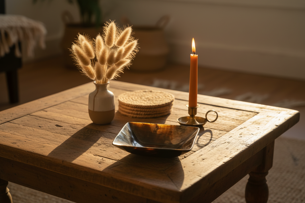 Haitian square ox horn bowl on boho coffee table with pampas grass and beeswax candle