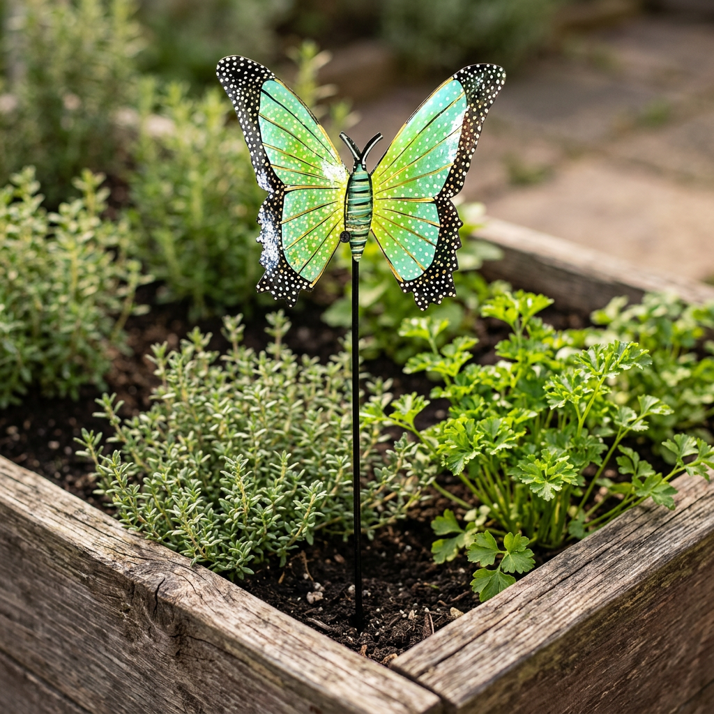 Handcrafted green butterfly garden stake among herbs