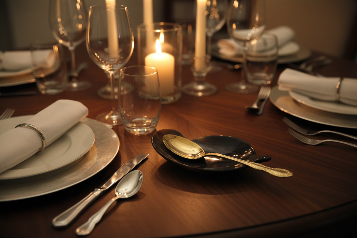 Haitian black horn leaf spoon rest holding gold serving spoon on dark walnut dining table by candlelight