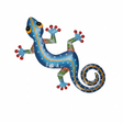 Hand-painted blue metal gecko wall art on white background