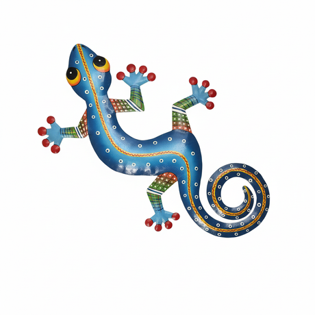 Hand-painted blue metal gecko wall art on white background