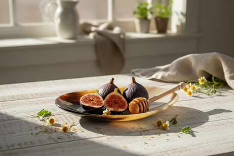 Haitian ivory horn dish holding figs and honey dipper on white oak surface in morning light